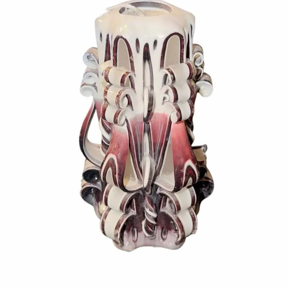 HAND CARVED CANDLE UNLIT layered white, maroon, black twirl fire pillar MCM